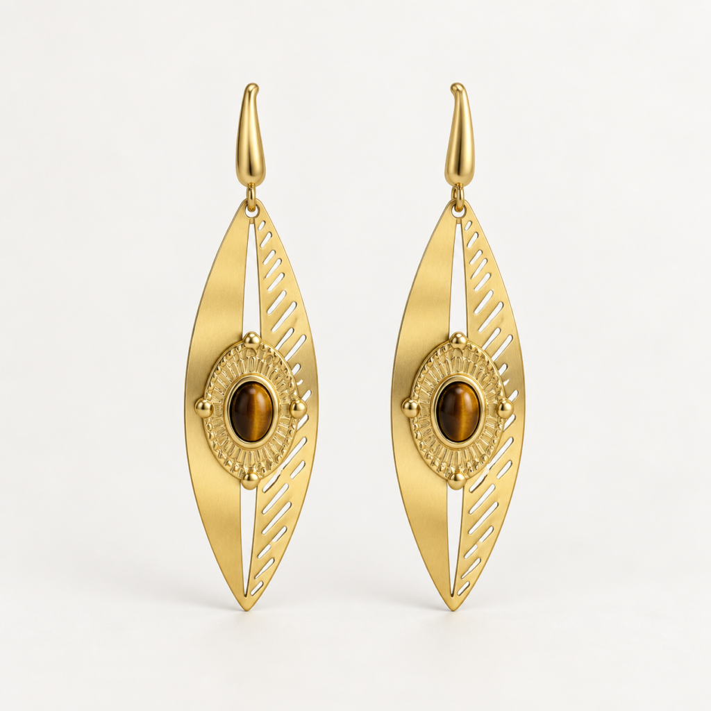 Brushed-finish leaf-shaped tiger's eye earrings