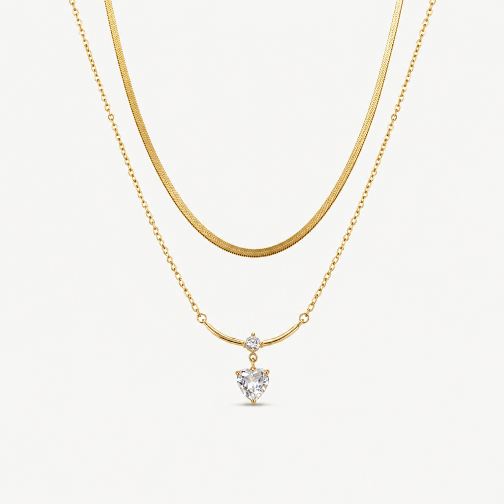 Heart Zircon Double Chain Necklace